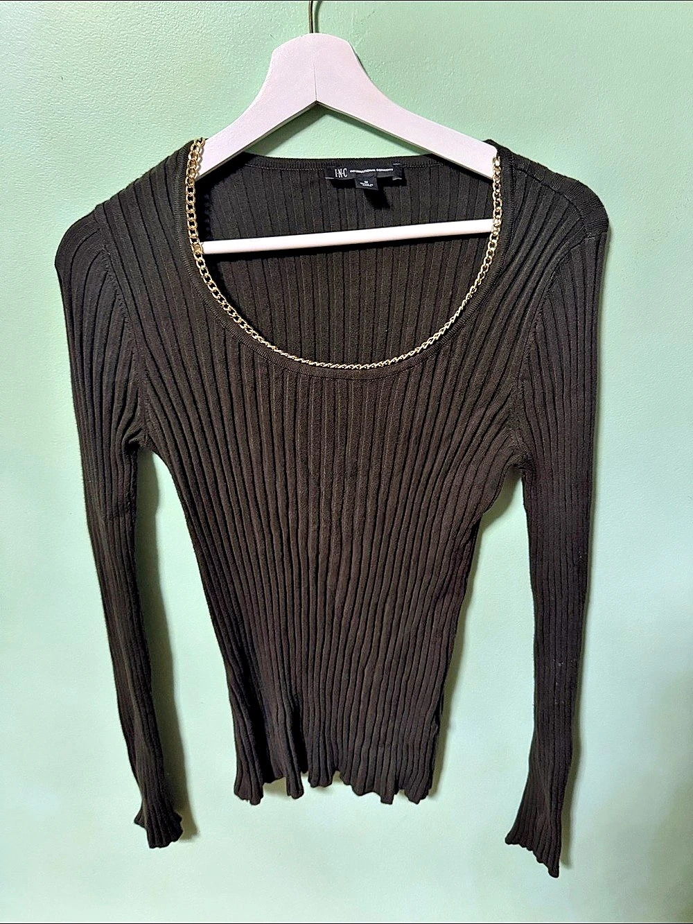 INC International Concepts Ribbed Chain Trim Scoop Neck Sweater Neck Sweater